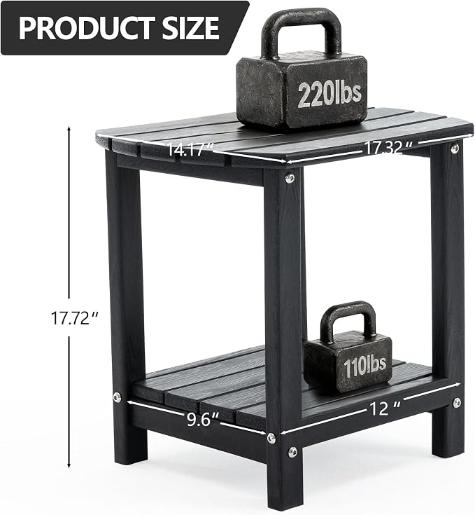 Adirondack Small Outdoor Side Table - Weatherproof HDPE Patio End Table with 2-Tier Storage for Firepit, Balcony, Garden, Poolside or Bathroom (Dark Black, Set of 1)