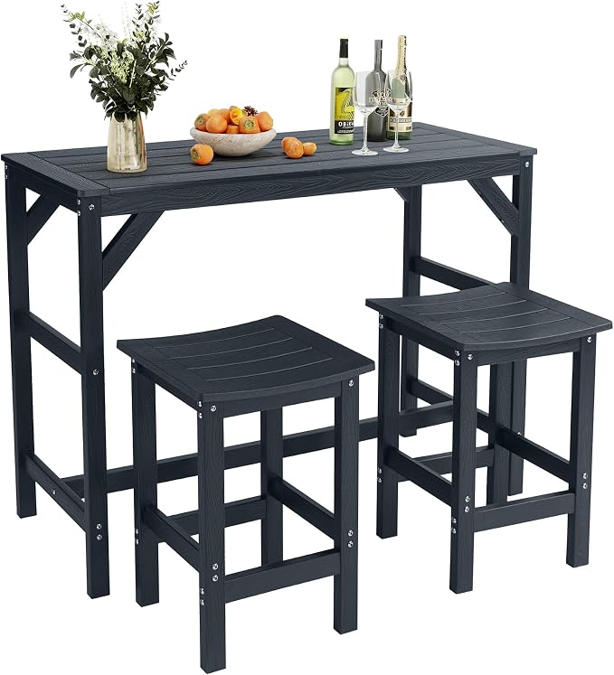 HIPS Outdoor Patio Bar Set, All Weather HIPS Bar Table and Chairs Set for Outside, 55" Rectangular High Top Bar Table with 2 Bar Stools for Poolside, Patio, Balcony, Deck (Black, 3 Pcs Set)