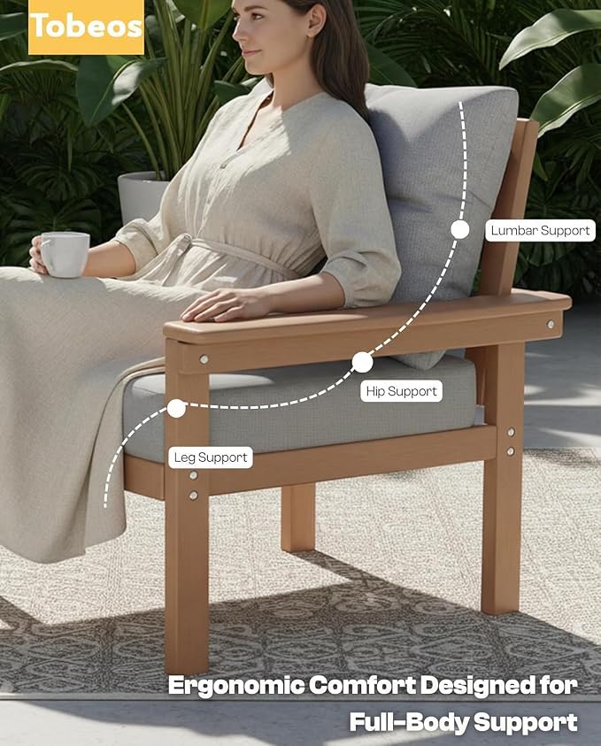 HDPE 3 Piece Patio Furniture Set, All-Weather Outdoor Couch Set with Thick Cushions, Patio Conversation Sets for Lawn, Garden, Porch, Deck, Balcony, Poolside, Teak Frame Grey Cushion