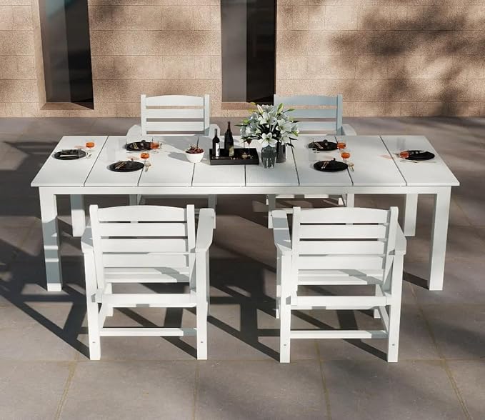 5-Piece Outdoor Dining Set with 75.2" Table for 4,White | HDPE material, umbrella hole design, weather-resistant furniture, perfect for garden, lawn, poolside, yard, balcony, deck
