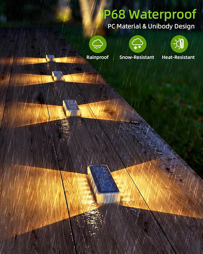 DetarZinLED Solar Step Lights, 12 LEDs 2-Sided Glow, IP68 8 Pack Warm White | IP68 Waterproof, Solar Powered, Auto ON/OFF, Stick on, Sturdy Polycarbonate Shell, for Outdoor Dock, Deck, Flat, Stair, Porch