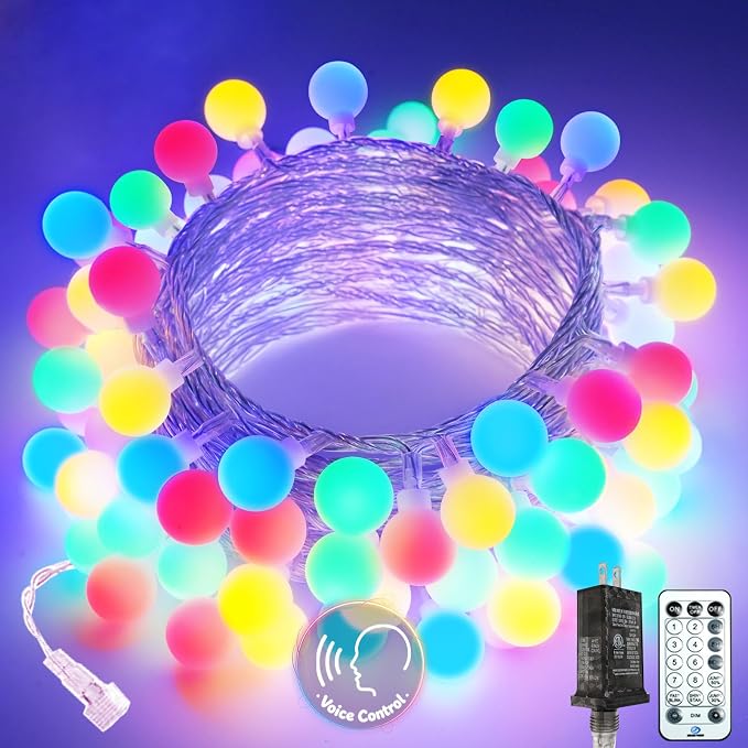 Connectable String Lights Indoor 100LED Smart Voice Controlled Fairy Lights | Multicolor 43FT Globe Light Plug in, 12 Modes, Timer & Remote, IP44 Waterproof, for Bedroom Classroom Christmas Room Decor