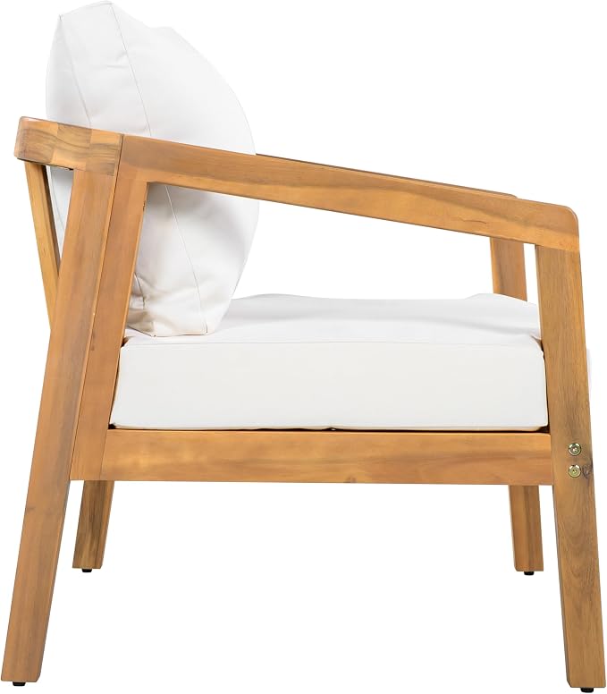 Christopher Knight Home Sures Acacia Wood Club Chair and Coffee Table Set, 3 Piece Patio Bistro Set, Solid Wood Outdoor Patio Furniture Set with Center Table, Natural+Beige