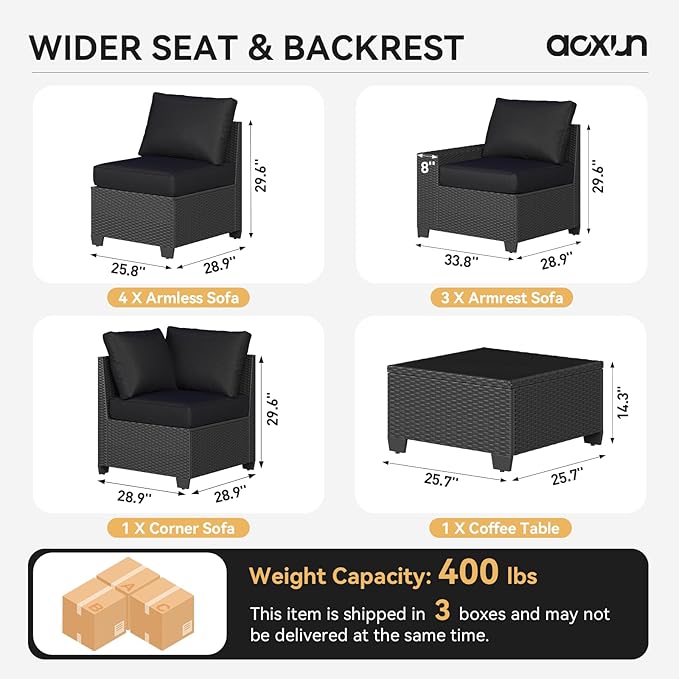 Aoxun Patio Furniture Set, 9 Pcs Outdoor Patio Furniture Sets with 4 in Thicken Cushion, Widen Armrests Wicker Outdoor Sectional for Backyard & Garden, Black