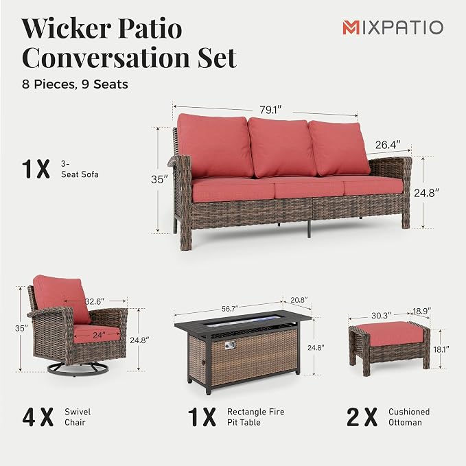 MIXPATIO 8-Piece Wicker Patio Furniture Set, Sectional Conversation Set with 2 x Swivel Chairs, 2 x Ottomans, 1 x 3-Seater Sofa, All-Weather Wicker Patio Conversation Set with 56" Fire Pit Table, Red