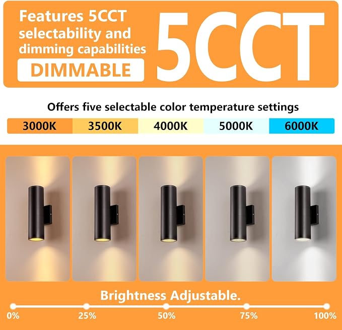 DAKAFUL 5CCT Dimmable Wall Lights Outdoor 2 Packs, 3000K 5000K 6000K Integrated LED Cylinder Up Down Modern Aluminum Light, Waterproof Exterior Light for Porch Patio Door