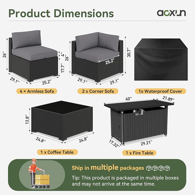Aoxun 8 Piece Patio Furniture Set with 44" Fire Pit Table Wicker Rattan Sectional Sofa Outdoor Seating with Thickened Cushion, Grey