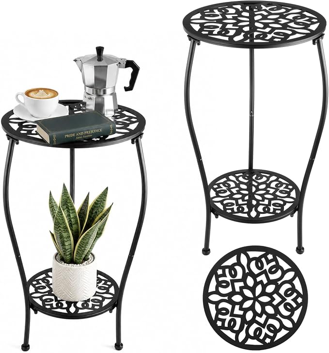 2-Pack 13" 2-tiered Metal Round Side Tables Small Black Outside End Table for Patio Round Accent Garden Corner Stand for Small Spaces Weather-resistant Outdoor Coffee Table for Balcony, Black