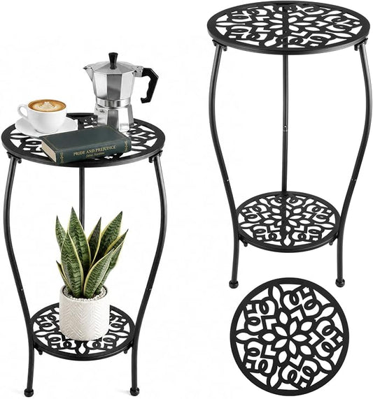 2-Pack 13" 2-tiered Metal Round Side Tables Small Black Outside End Table for Patio Round Accent Garden Corner Stand for Small Spaces Weather-resistant Outdoor Coffee Table for Balcony, Black