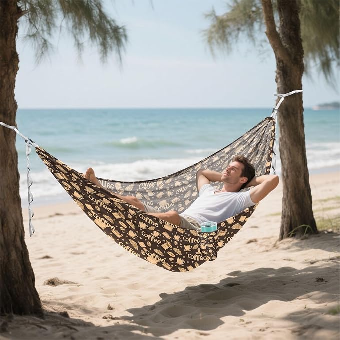 Camping Hammock Outdoor Hammocks for Outside Brown Croissants Coffee Beach Trees Portable Lightweight with Pockets Tree Straps Indoor