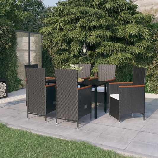 7 pcs Patio Dining Set Black PE Rattan Outdoor Furniture with Adjustable Garden Dining Set for Front Porch Lawn Backyard 55.1 x 27.6 x 29.1 in