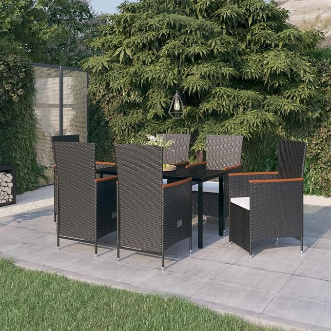 7 Piece Patio Dining Set, Outdoor Wicker Dining Table and Reclining Chairs with Cushions, 6 Person Backyard Garden Furniture Set for Backyard Dinners, Black