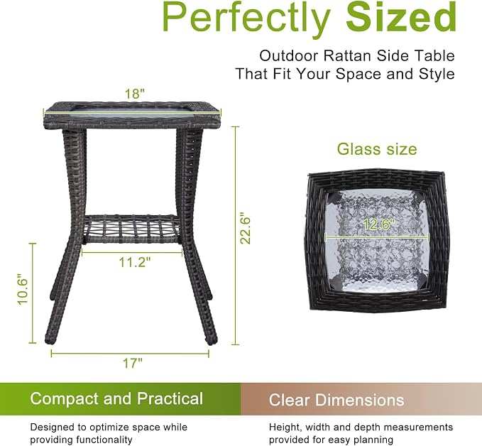 Outvita Rattan Outdoor Side Table with Glass Top & Storage Shelf | Small patio end coffee table, multi-scene furniture for porch, backyard, balcony and indoor living room use