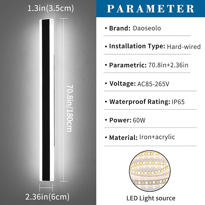 71inch Exterior Wall Light Fixture, 6000K Cold White, Modern Long Outdoor Wall Sconce, IP65 Waterproof, 60W, Black Minimalist Outside LED Strip Lights for Garage, Patio, Balcony, Fence