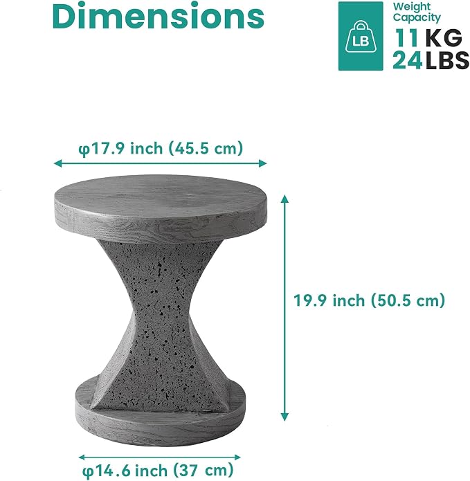 SUNBURY Outdoor Side Table Medium, 20" H Hourglass Design Outdoor Accent End Table, Patio Side Tables, Outside Coffee Tables, Concrete Garden Stool End Table for Living Room, and Backyard, Grey