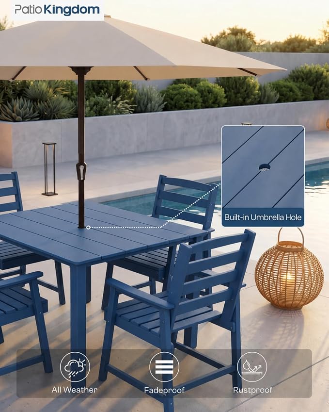 HDPE Outdoor Dining Set for 4 with 10FT Umbrella, Navy | All-Weather HDPE, Wood Grain Finish, 42.5" Square Table, Built-In Umbrella Hole, Seats 4, Patio & Poolside Ready