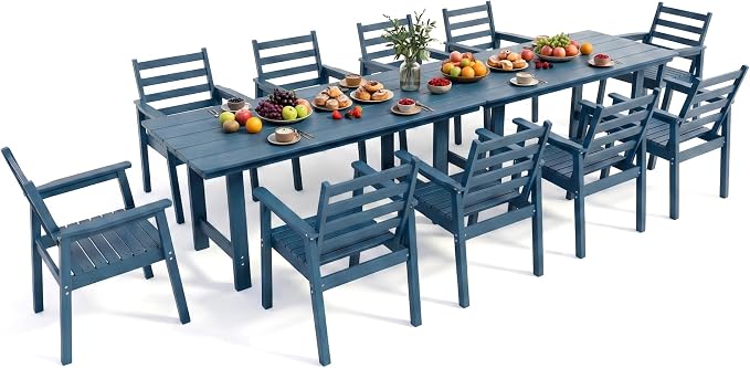 12 Piece HDPE Outdoor Dining Set for 10, Patio Dining Furniture Set with 2” Umbrella Hole, Weather Resistant Outdoor Table and Chairs for Garden, Poolside, Backyard, Deck