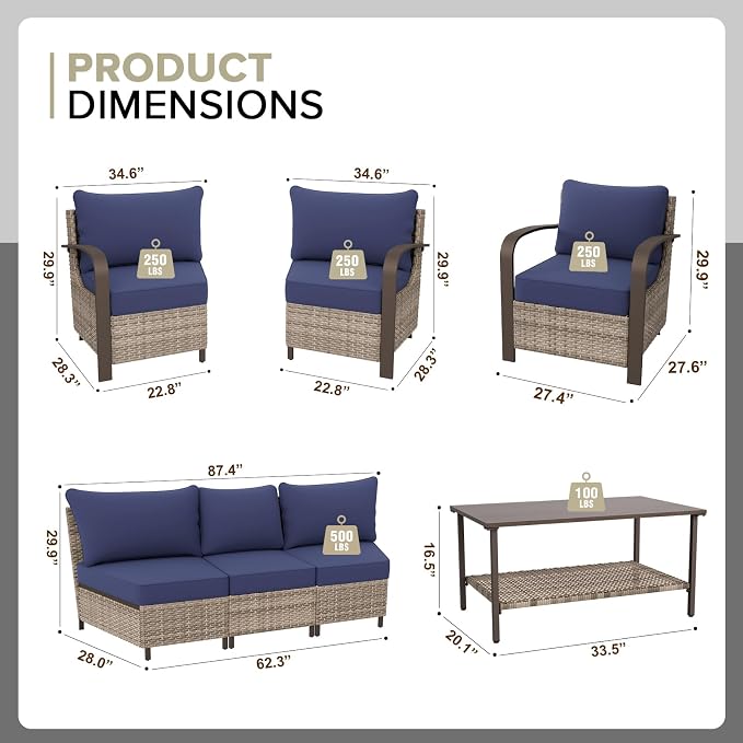 COOS BAY Aurora Terrace 6 Piece Outdoor Sectional Furniture Set, Half Moon Rattan Wicker Conversation Set with Patio Chairs, 5 Seat Sofa & Coffee Table for Patio Garden Yard, Beige/Blue