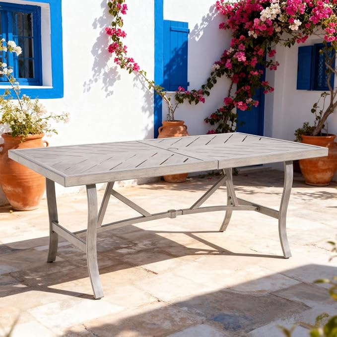 Ulax furniture Outdoor Patio Dining Table - Weather-Resistant Steel Frame & Wood-Grain Concrete Tabletop - Umbrella Hole for Garden, Backyard, Picnics (70-Inch)