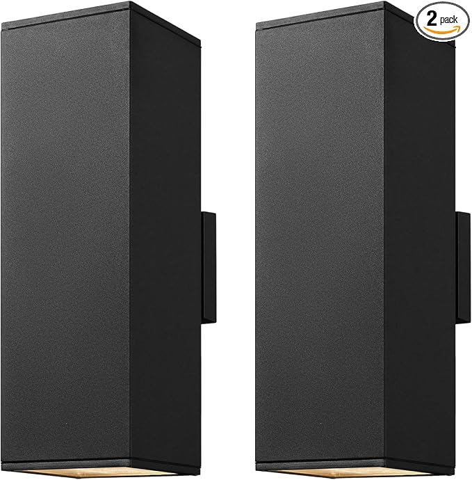 mirrea 18" Modern Outdoor Porch Light in 2 Lights, Matte Black, 2 Pack | Patio wall sconce, aluminum rectangular tube, tempered glass, waterproof. Up & down lighting for outdoor wall mount fixture.