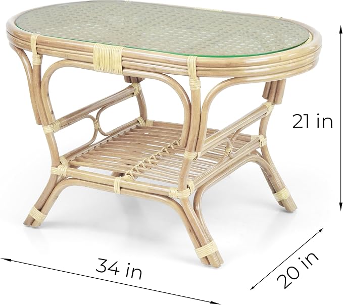 Malibu Lounge Set of 4: 2 Natural Rattan Wicker Chairs, Three-Seater Sofa and Coffee Table with Glass Handmade, Natural Color with Black Leaf Cushions