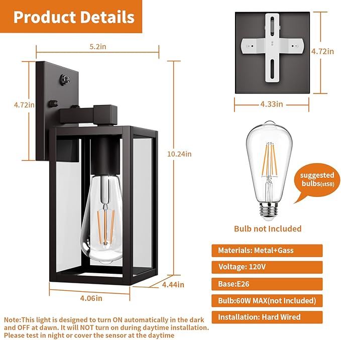 2 Pack Dusk to Dawn Exterior Lighting Fixtures Wall Mount, Sensor Outside Front Porch Lights for House, Outdoor Lantern Lamp, Waterproof Wall Sconce Lights, Black Coach Light for Garage Entryway