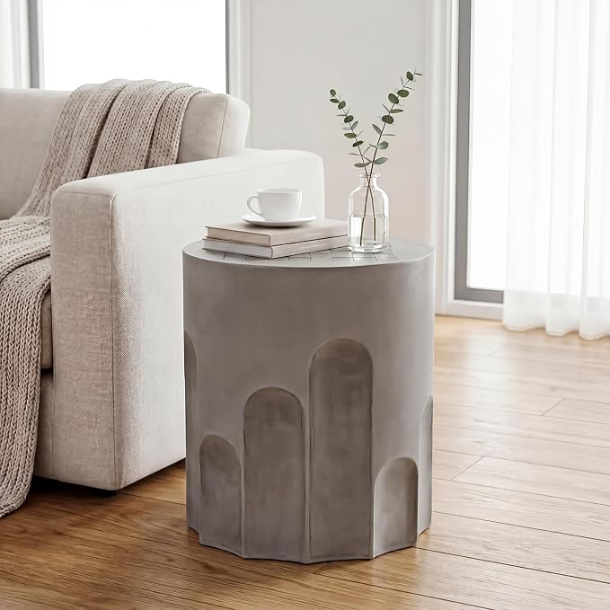 SUNBURY Outdoor Side Table w Chessboard, 15" W Concrete End Table, Patio Side Table Lightweight MgO, Round Accent Tables, Garden Stool Plant Stand for Yard, Front Porch, Grey