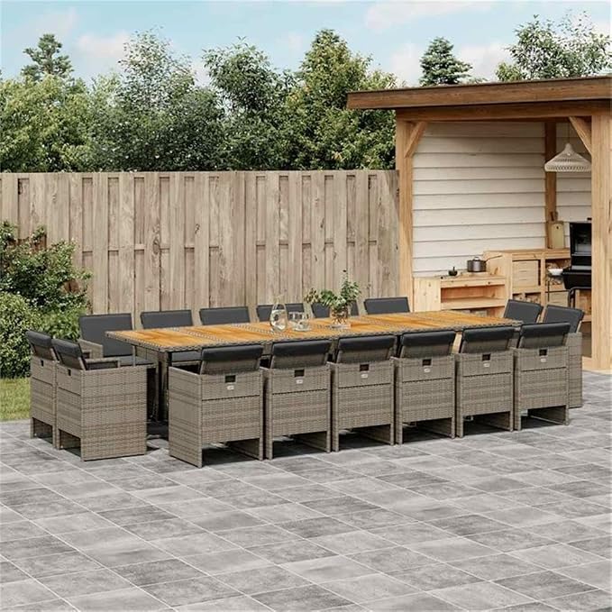 Afuera Living 17-Piece Poly Rattan Patio Dining Set, Gray and Brown Finish, Includes Acacia Wood Table and 16 Chairs, Weather-Resistant Cushions, Foldable Design, 16-Seater Outdoor Garden Furniture