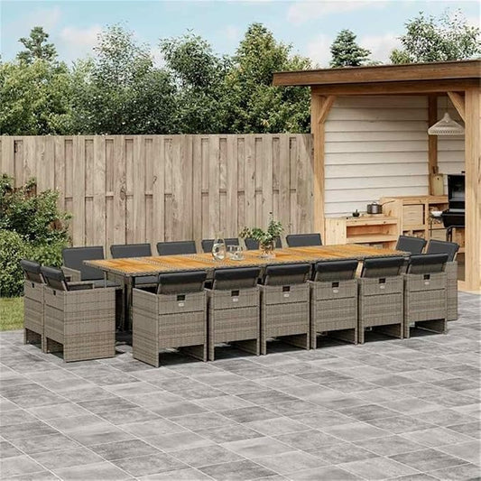 Afuera Living 17-Piece Poly Rattan Patio Dining Set, Gray and Brown Finish, Includes Acacia Wood Table and 16 Chairs, Weather-Resistant Cushions, Foldable Design, 16-Seater Outdoor Garden Furniture