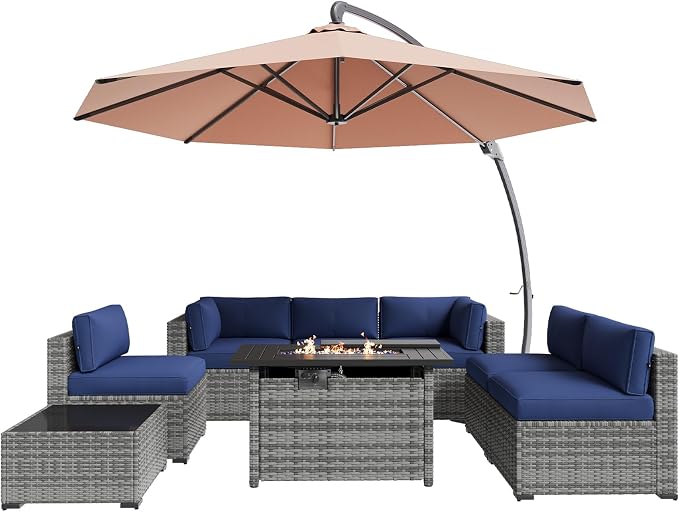 Aoxun Patio Furniture Sets, 9-Piece Outdoor Patio Furniture with 44'' Propane Gas Firepit Table and 11FT X 11FT Cantilever Umbrella, Wicker Outdoor Conversation Set for Backyard