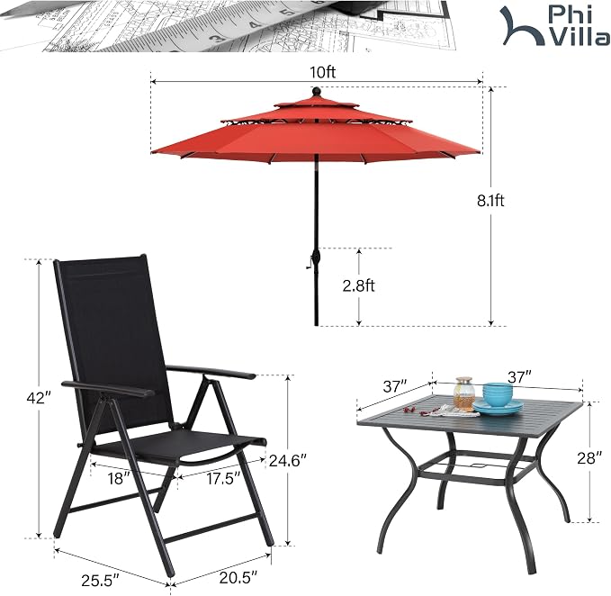 PHI VILLA 6 Pcs Patio Dining Set with Umbrella (Orange Red), Outdoor Table and Chairs Set with Adjustable Folding Chairs & Square Metal Dining Table for Yard, Garden and Deck (No Umbrella Base)