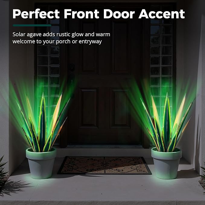KODIBO Large Metal Agave Plant Outdoor Decor with Solar Light, Vintage Green