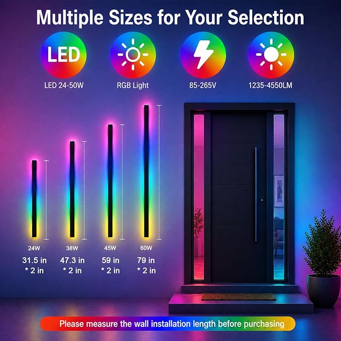Modern Outdoor RGB Wall Lights, 47 Inch RGB Warm White Dimmable Exterior Wall Sconce, Ip65 Waterproof Black Linear Long Wall Light with Remote and APP Control for House, Garage, Front Door, Porch