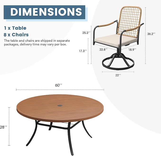 DIFY 9 Pieces Outdoor Dining Set for 8, 60" Round Dining Table with Umbrella Hole & Wicker Swivel Patio Chairs with Cushions, Metal Patio Table and Chairs Set for Backyard Porch Garden, Walnut