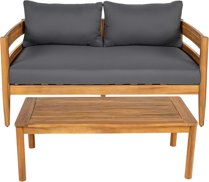 Christopher Knight Home 4-Piece Outdoor Patio Furniture Set, Acacia Wood Conversation Set with Loveseat Coffee Table and 2 Single Chairs Cushions, Slatted Backyard Garden Seating Set, Dark Gray