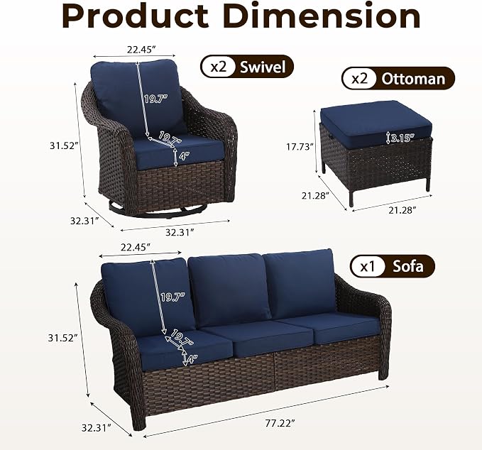 5 Piece Patio Wicker Conversation Set, All-Weather Use Outdoor Wicker Sofa with 2 PE Rattan Ottomans,2 Swivel Chair, Ideal for Porch, Backyard, Balcony, Poolside, Blue