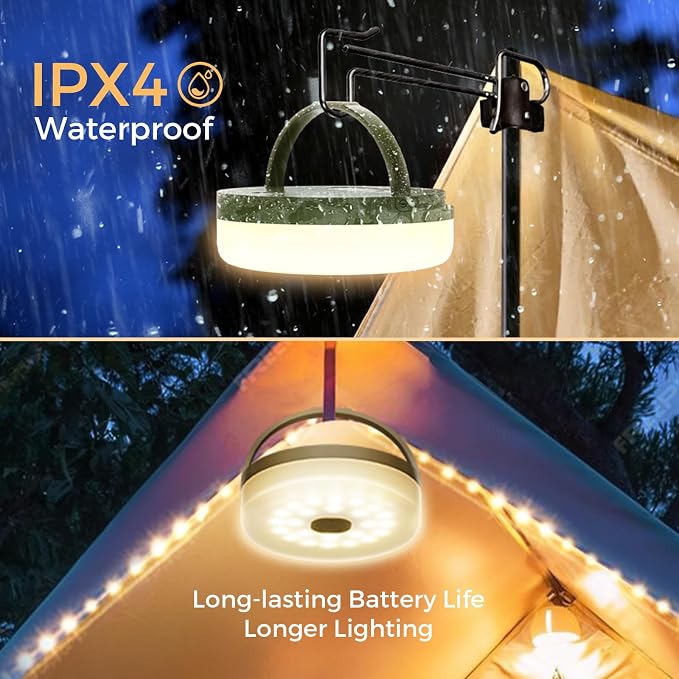 Camping String Lights, 32.8FT Rechargeable Camping Lights with Quick Storage Reel, 8 Modes Waterproof Hanging LED Camping Lights for Tent, RV Awning, Patio and Outdoor Camping Gear Essentials