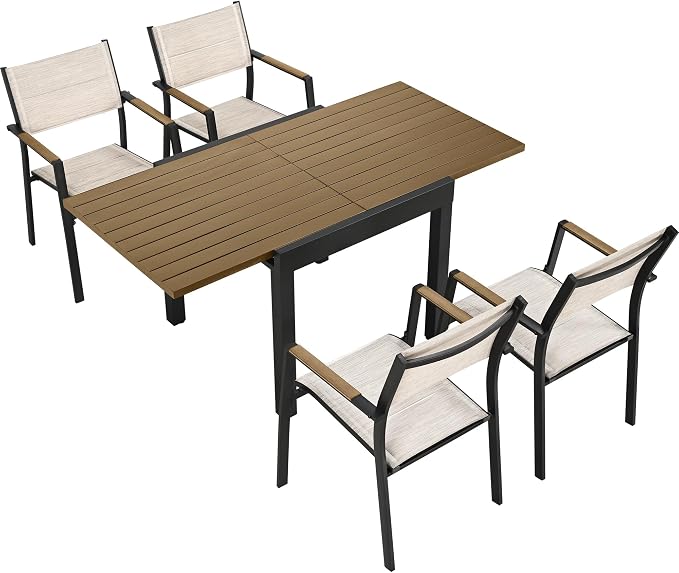 5 Piece Outdoor Dining Set, Expandable Outdoor Patio Dining Table Set for 4-6 Person, Aluminum Outdoor Table and 4 Chairs with Textilene Fabric & Armrest for Patio, Garden, Lawn, Deck(Brown)