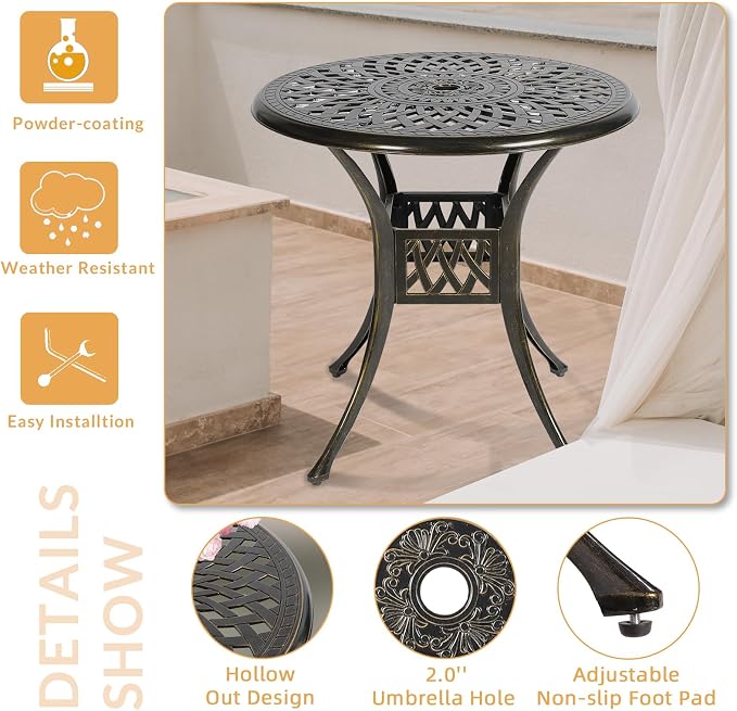 3-Piece Outdoor Patio Dining Set, All-Weather Cast Aluminum Patio Furniture Set for Backyard Garden Deck with 2 Swivel Cushioned Chairs and 31” Round Table, 2" Umbrella Hole, Navy Blue