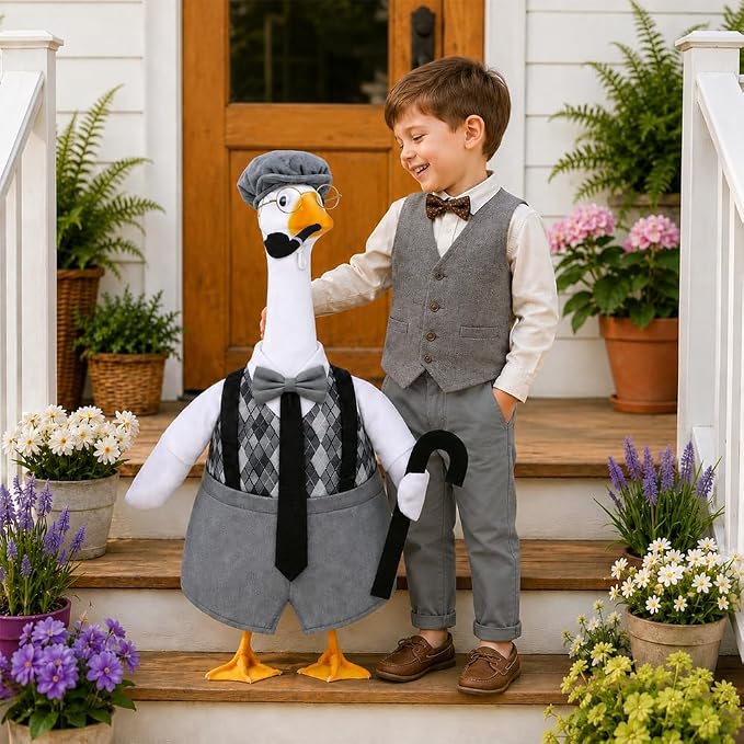 Celltestria Old Man Goose Outfits Grandpa Goose Costume Black Gray Plaid Geese Clothes with Walking Stick Pipe for 23'' Geese Holiday Outdoor Lawn Patio Yard Garden Decor