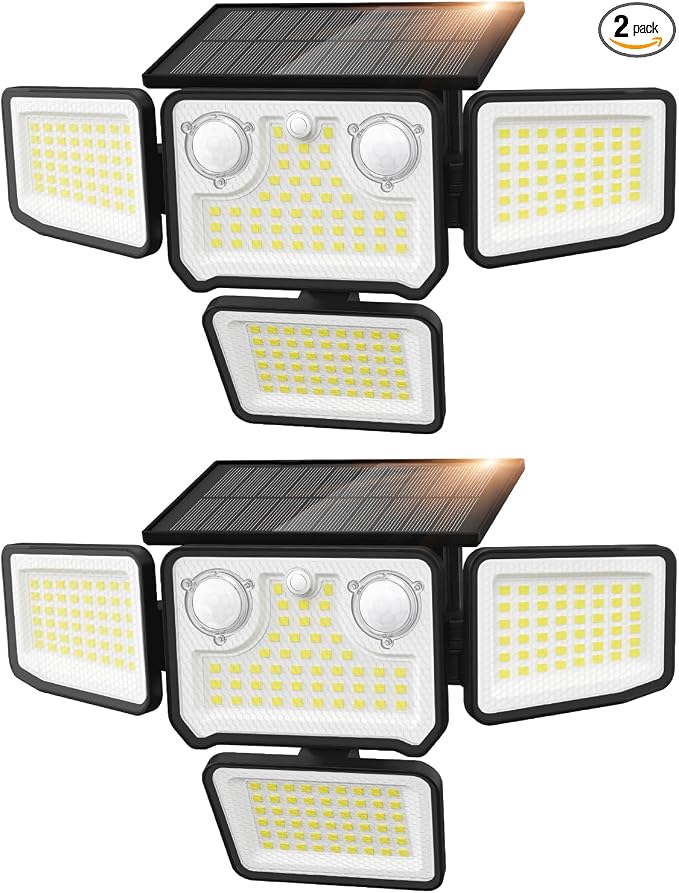 4500LM Solar Lights Outdoor Waterproof, 254 LED Solar Flood Lights Outdoor with 2 Motion Sensor, 4 Heads Security Light for Yard Outside House Garage 2 Pack