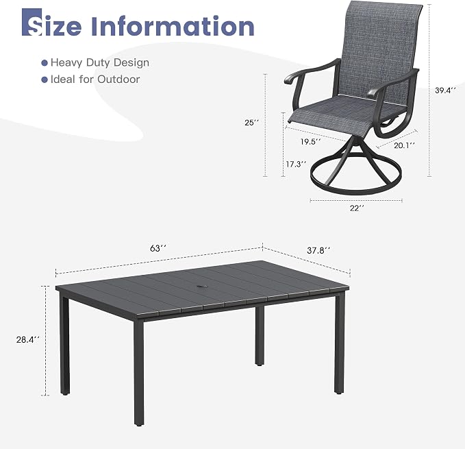 VICLLAX 7 Pieces Patio Dining Set, Patio Furniture Set of 6 Patio Swivel Dining Chairs and Rectangular Patio Table, Dark Charcoal Chairs & Black Tabletop