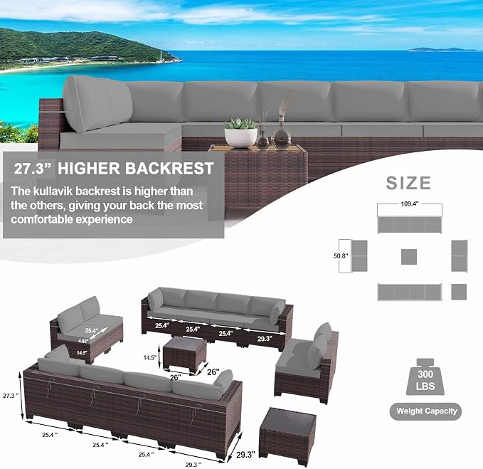 Kullavik 14PCS Outdoor Patio Furniture Set PE Wicker Rattan Sectional Sofa Patio Conversation Sets,Grey