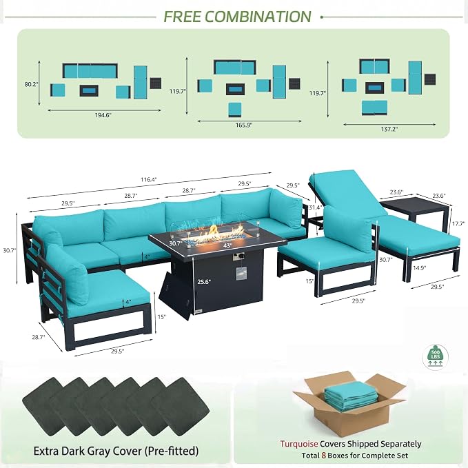 RADIATA Oversized Modern Aluminum Patio Furniture Set with Lounge Chair & Fire Pit Table, 29" Wide Deep Seated, Comfy Outdoor Sectional Sofa Set of 9, 500 lbs Heavy Duty Conversation Set, Turquoise