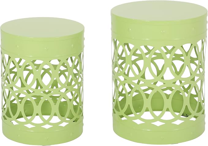 Set of 2 Round Metal Patio Side Tables Steel Accent End Tables with Geometric Circle Cut-Outs Weather Resistant Small Outdoor Furniture for Deck Pool Yard Balcony No Assembly,Green