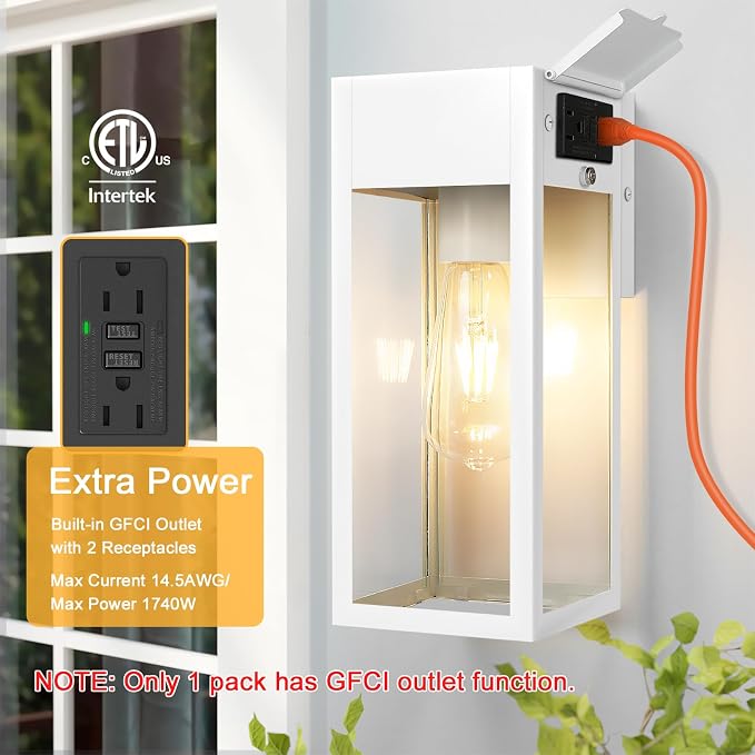 2 Pack Porch Lights Outdoor Wall Sconce, Outdoor Light with GFCI Outlet, Waterproof Exterior Wall Lantern Light Fixtures, Anti-Rust Wall Lamp with Clear Glass for Patio Doorway Garage- White