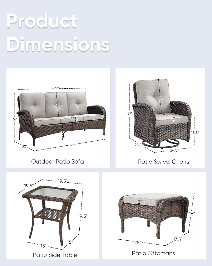 6 Pieces Outdoor Furniture-Patio Swivel Rocker Chairs Set of 2 3-Seater Wicker Couch with Outdoor Ottoman Outdoor Patio Furniture Set for Deck Porch Garden Balcony Poolside-Brown/Beige