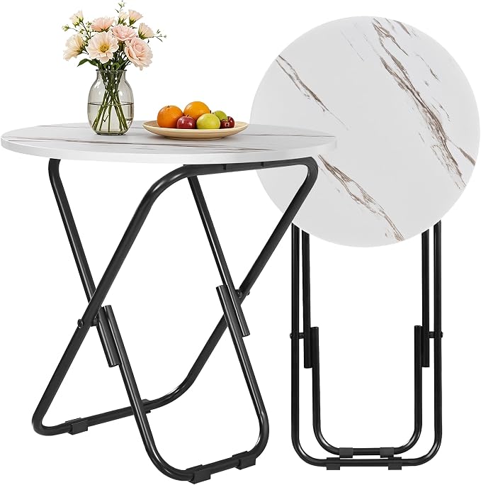 VECELO 17.7" Small Folding Table Set of 2,Round Patio Outdoor Side Table, Foldable Wooden Table with Weather Resistant Steel Frame, Patio Table for Camping Picnic Garden Small Space