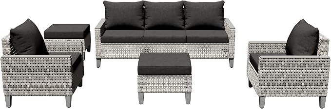7 Pieces Patio Furniture Set with Ottomans, Modern Outdoor Sectional Sofa with Comfy Cushions, Modular Wicker Rattan Patio Conversation Set for Garden Poolside Deck, Black