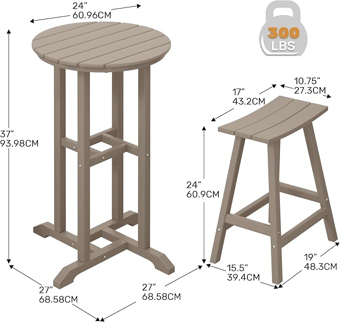 Costaelm Outdoor Bar Table, 37" Counter Height Round Patio Cocktail Bar Table, Patio Bar Table 3-Pieces Set Bistro Dining Table Pub Table for Deck, Backyard, Garden, Weathered Wood